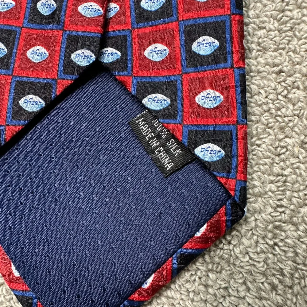 Pfizer Mens Silk Necktie Red Black Blue Geometric Logo Corporate Promo Tie